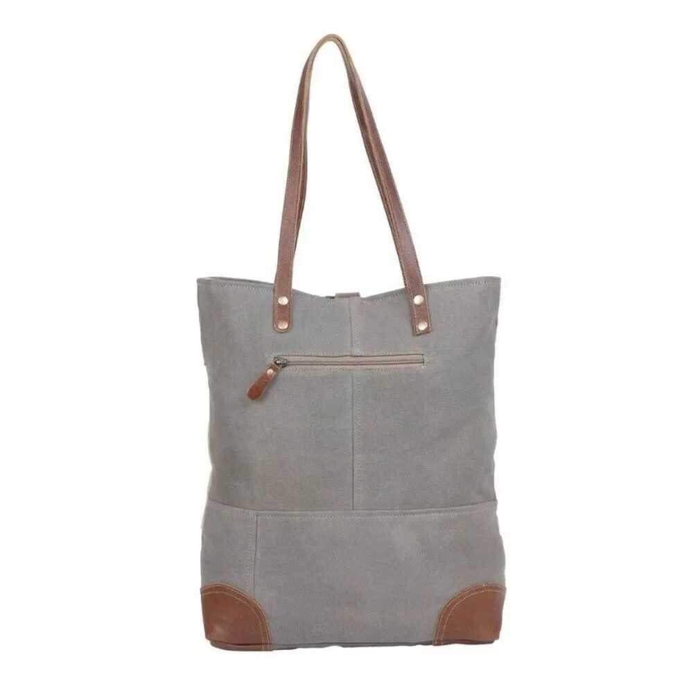 Myra Bag Handmade Undulate Tote Bag Upcycled Canvas & Cowhide Leather